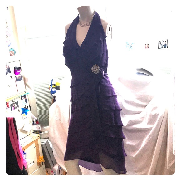 Tadashi halter party dress Evening purple Eggplant rhinestone pin sz 4 vintage - Picture 2 of 9